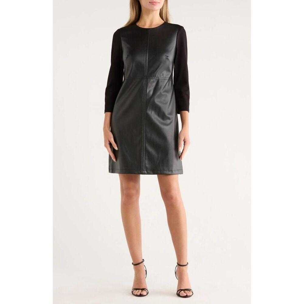 Eliza J Faux Leather Mixed Media Shift Dress Black 3/4 Sleeve Size 12